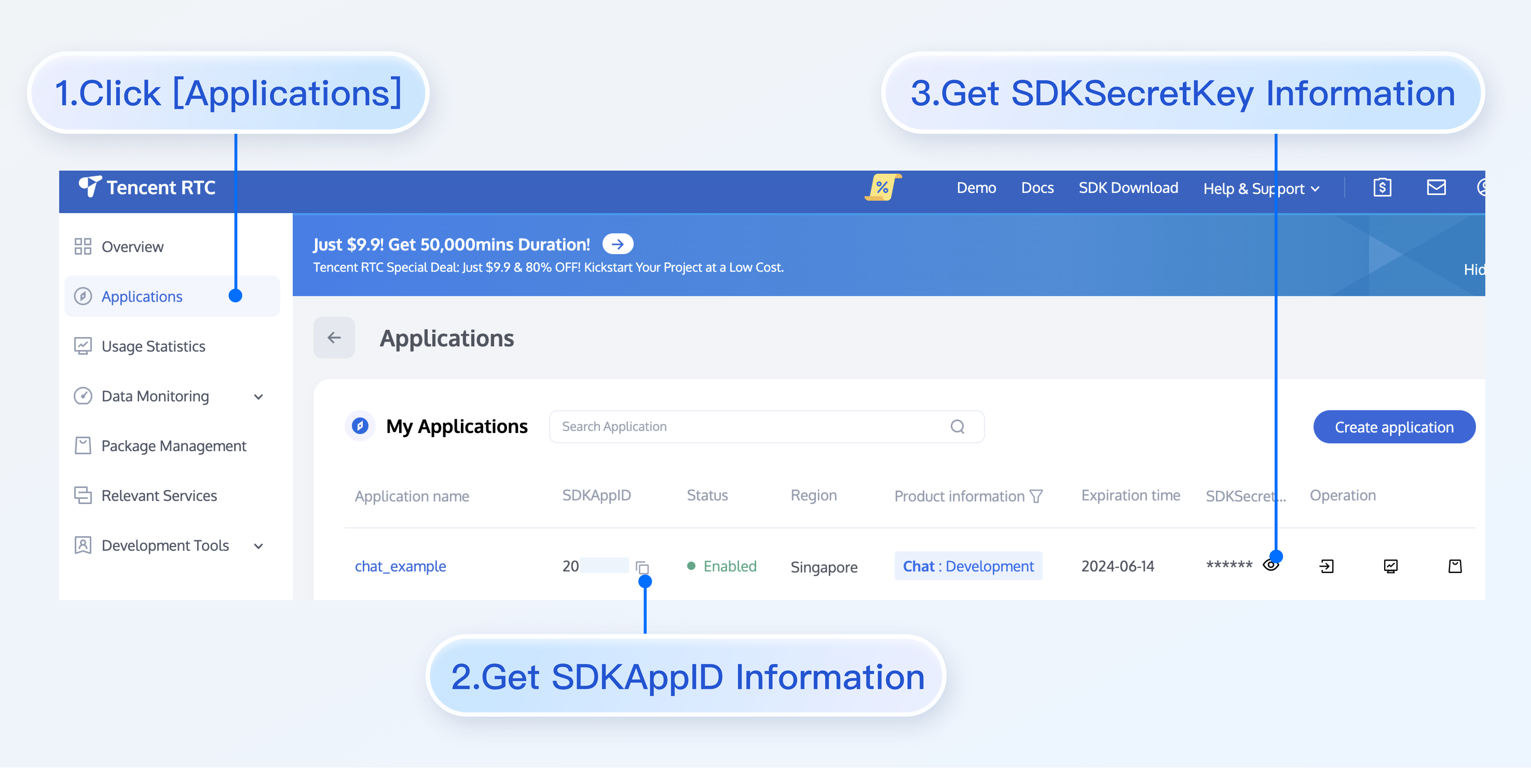 Create Application Process Guide:

1. **Click [Create Application]**
2. **Get SDKAppID Information**
3. **Get SDKSecretKey Information**
